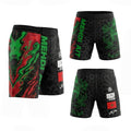 Short MMA noir et vert personnalisé Mehdi Ait avec graphisme de lion marocain et drapeau du Maroc à l'arrière, équipement de combat Octogoat.