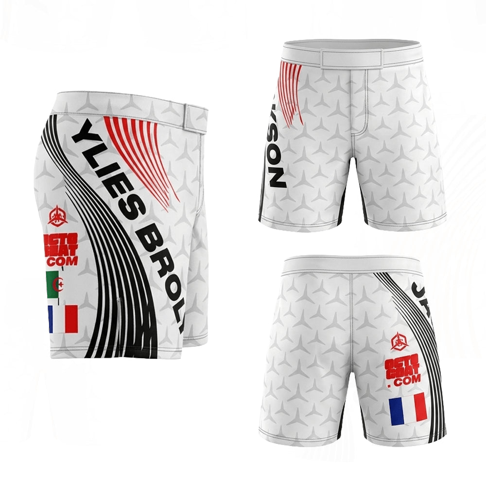 Short MMA blanc épuré avec motifs géométriques gris, personnalisé avec nom et arborant le drapeau français tricolore à l'arrière.
