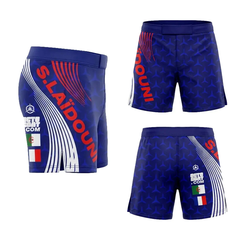 Short de combat MMA bleu avec motifs géométriques et écritures rouges, affichant les drapeaux à l'arrière.