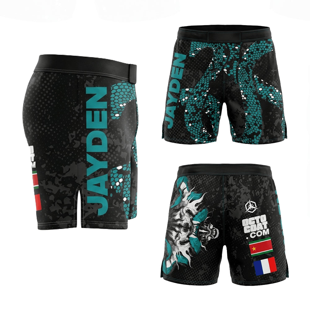 Short de MMA noir avec motif écailles de serpent turquoise, personnalisé, incluant les drapeaux à l'arrière.