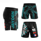 Short de MMA noir avec motif écailles de serpent turquoise, personnalisé, incluant les drapeaux à l'arrière.
