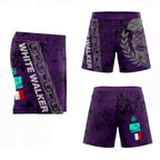Short de combat MMA violet et noir avec casque spartiate, chaînes latérales, personnalisé avec drapeau à l'arrière.