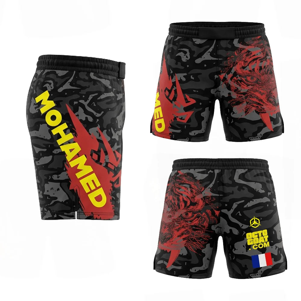 Short MMA camouflage noir et gris Octogoat avec motif tête de tigre rouge féroce, lettrage personnalisé et drapeau  au choix à l'arrière.