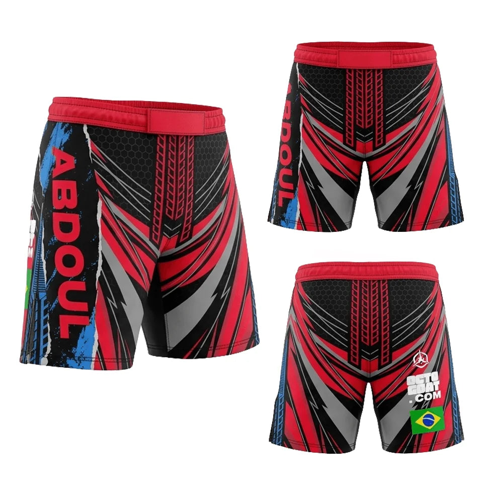Short de combat MMA rouge et noir modèle Turbo personnalisé, doté de motifs géométriques et du drapeau à l'arrière, marque Octogoat.