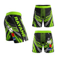 Short MMA vert néon et noir Octogoat au design géométrique futuriste et nid d'abeille, avec les drapeaux à l'arrière.