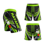 Short MMA vert néon et noir Octogoat au design géométrique futuriste et nid d'abeille, avec les drapeaux à l'arrière.