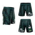 Short MMA vert sapin et noir Octogoat motif forêt et montagnes enneigées blanches, lettrage personnalisé Khamzat avec le drapeau de la Tchétchénie.