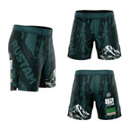Short MMA vert sapin et noir Octogoat motif forêt et montagnes enneigées blanches, lettrage personnalisé Khamzat avec le drapeau de la Tchétchénie.