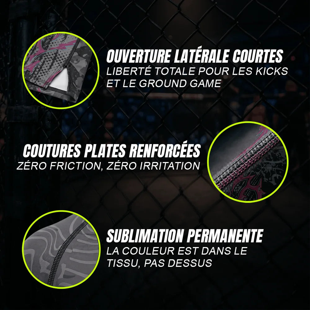 Détails techniques du short de MMA AK47 d'Octogoat avec zooms sur la fente latérale d'aisance, les coutures plates anti-irritation et le tissu camouflage noir et rose sublimé.