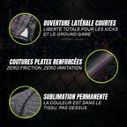 Détails techniques du short de MMA AK47 d'Octogoat avec zooms sur la fente latérale d'aisance, les coutures plates anti-irritation et le tissu camouflage noir et rose sublimé.