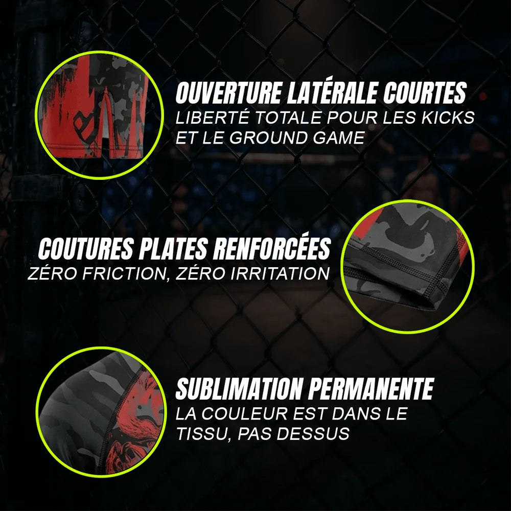 Gros plans explicatifs des fonctionnalités du short de MMA Tiger d'Octogoat avec motif camouflage gris et tigre rouge : zooms sur la fente latérale courte d'aisance pour les kicks, les coutures plates anti-irritation et le tissu sublimé ultra-résistant.