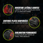 Gros plans explicatifs des fonctionnalités du short de MMA Tiger d'Octogoat avec motif camouflage gris et tigre rouge : zooms sur la fente latérale courte d'aisance pour les kicks, les coutures plates anti-irritation et le tissu sublimé ultra-résistant.