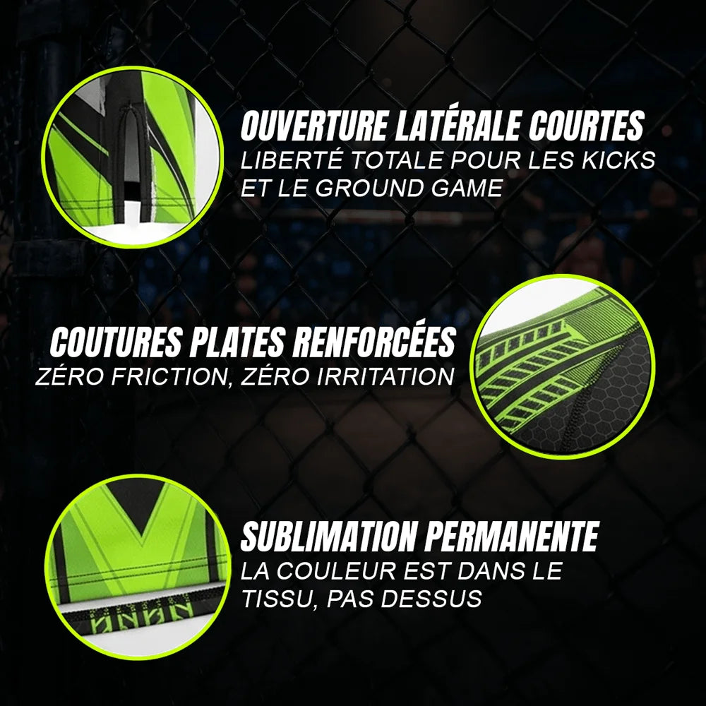Fiche technique du short de MMA Turbo vert néon d'Octogoat, illustrant les coutures de compression renforcées, la fente latérale d'aisance et l'impression en nid d'abeille par sublimation.