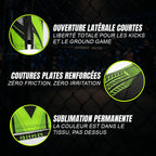 Fiche technique du short de MMA Turbo vert néon d'Octogoat, illustrant les coutures de compression renforcées, la fente latérale d'aisance et l'impression en nid d'abeille par sublimation.