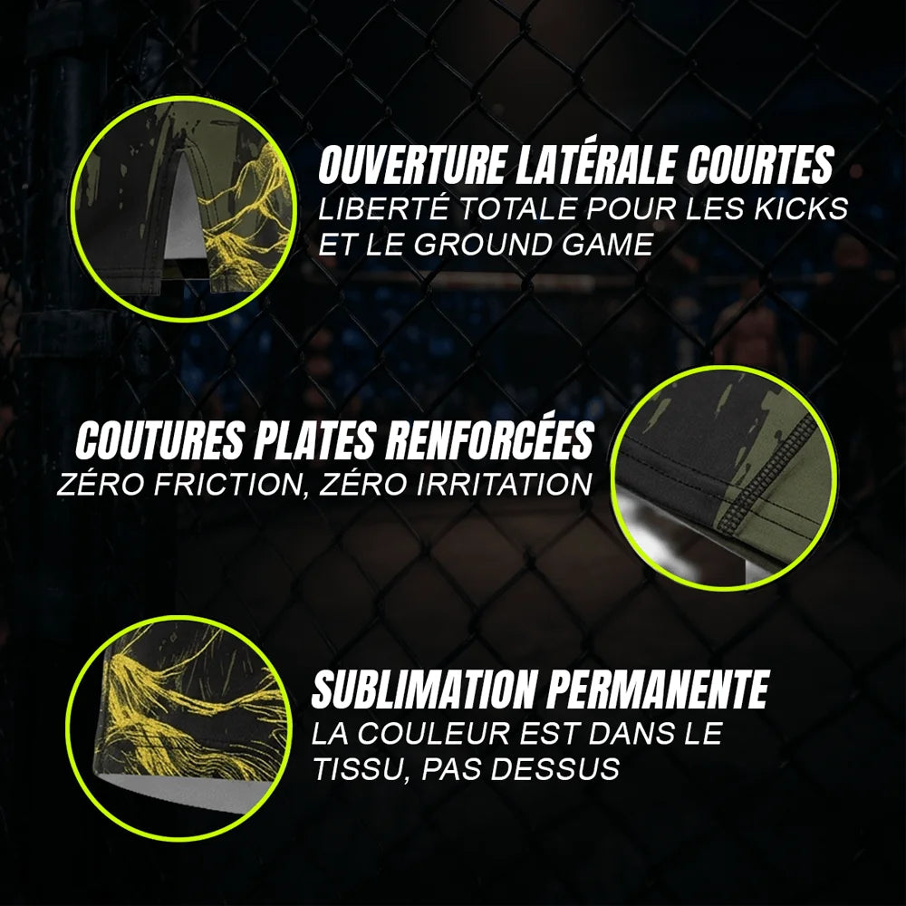Détails visuels du short de grappling Wolf kaki d'Octogoat, affichant la qualité de la sublimation permanente sur le motif de montagne dorée, les finitions de l'ouverture latérale et les coutures élastiques de sécurité.