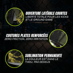 Détails visuels du short de grappling Wolf kaki d'Octogoat, affichant la qualité de la sublimation permanente sur le motif de montagne dorée, les finitions de l'ouverture latérale et les coutures élastiques de sécurité.