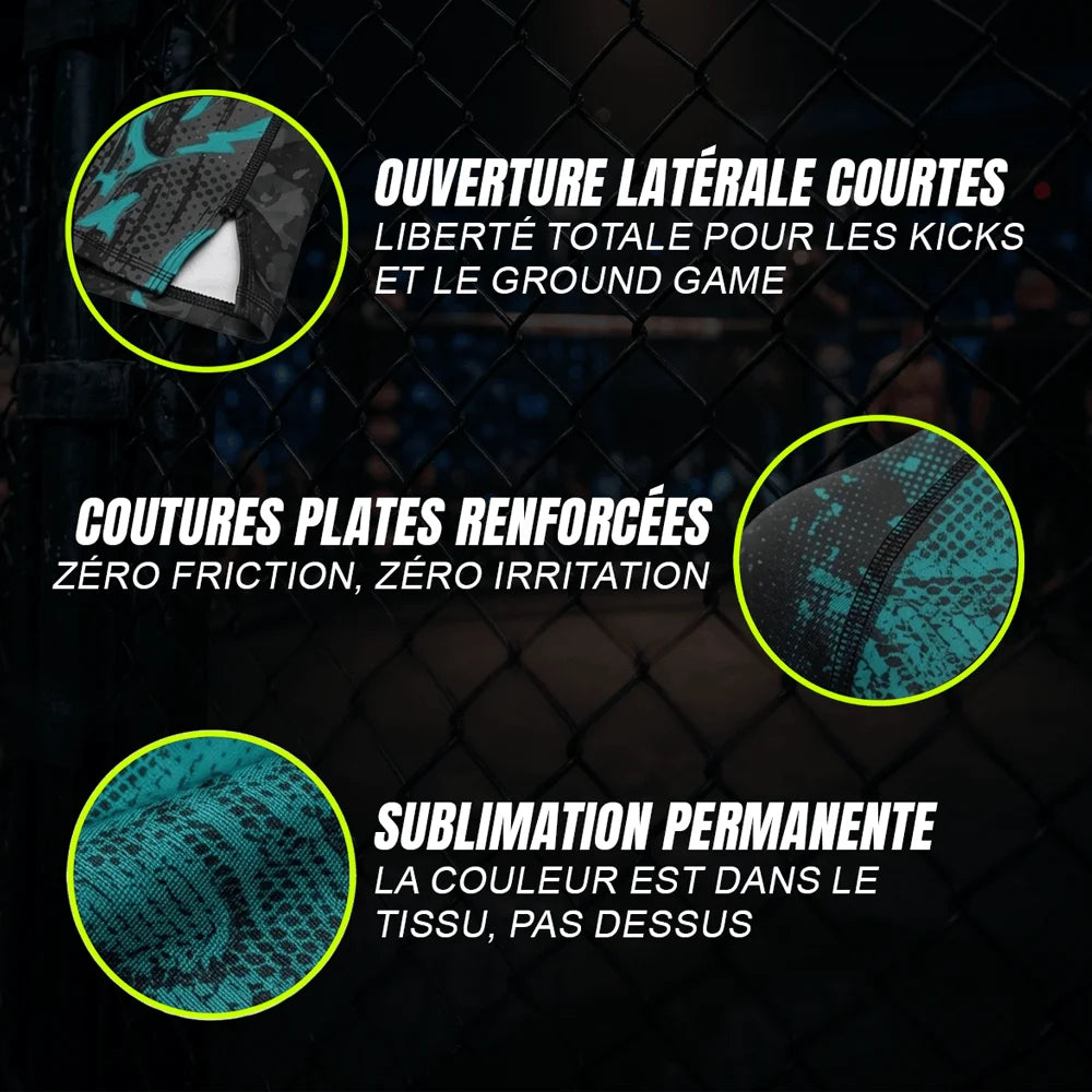 Gros plans explicatifs des fonctionnalités du short de MMA Ruby effet écaille de serpent d'Octogoat : ouvertures latérales d'aisance pour le sol et coutures plates de grappling ultra-résistantes.