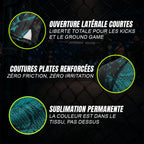 Gros plans explicatifs des fonctionnalités du short de MMA Ruby effet écaille de serpent d'Octogoat : ouvertures latérales d'aisance pour le sol et coutures plates de grappling ultra-résistantes.