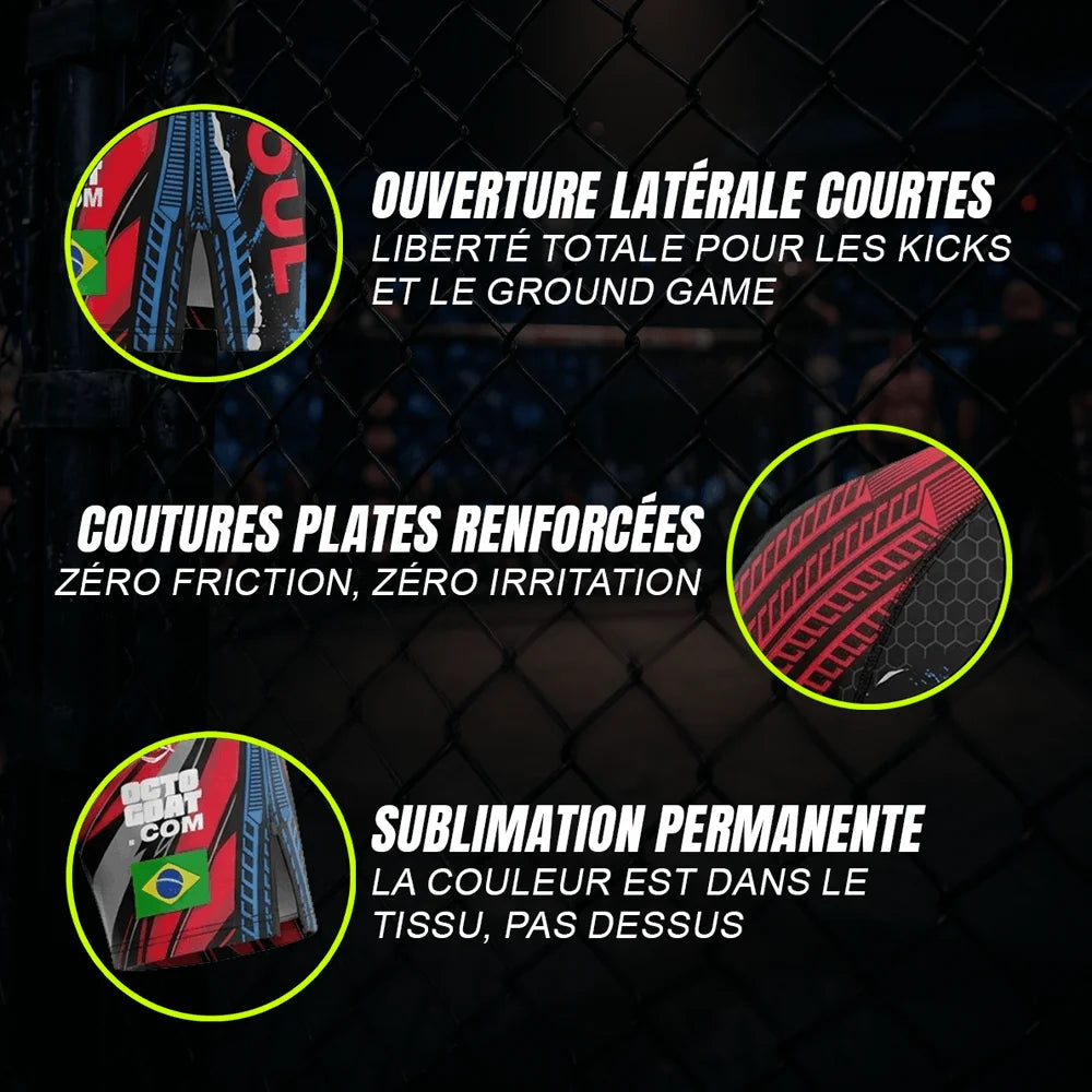 Gros plans techniques du short de combat Turbo rose Octogoat, mettant en avant la fente d'aisance latérale pour les kicks, les coutures plates anti-irritation et le motif nid d'abeille sublimé avec drapeau.