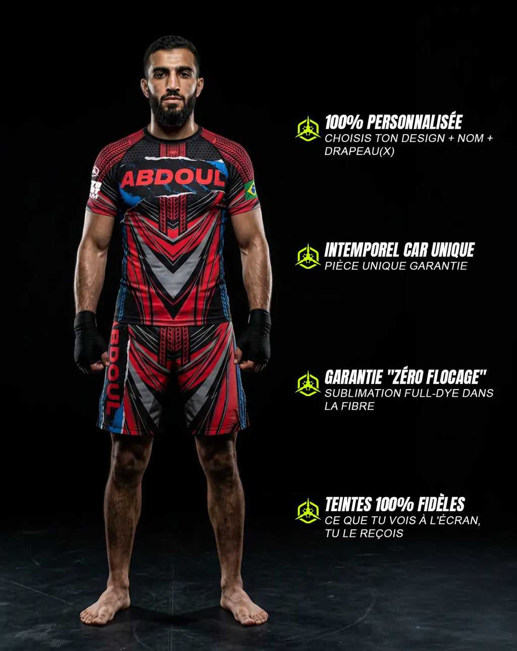 Rashguard MMA personnalisé avec nom et drapeau — OCTOGOAT, pièce unique fabriquée à la demande