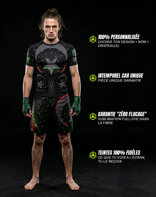 Rashguard MMA personnalisé avec nom et drapeau — OCTOGOAT, pièce unique fabriquée à la demande