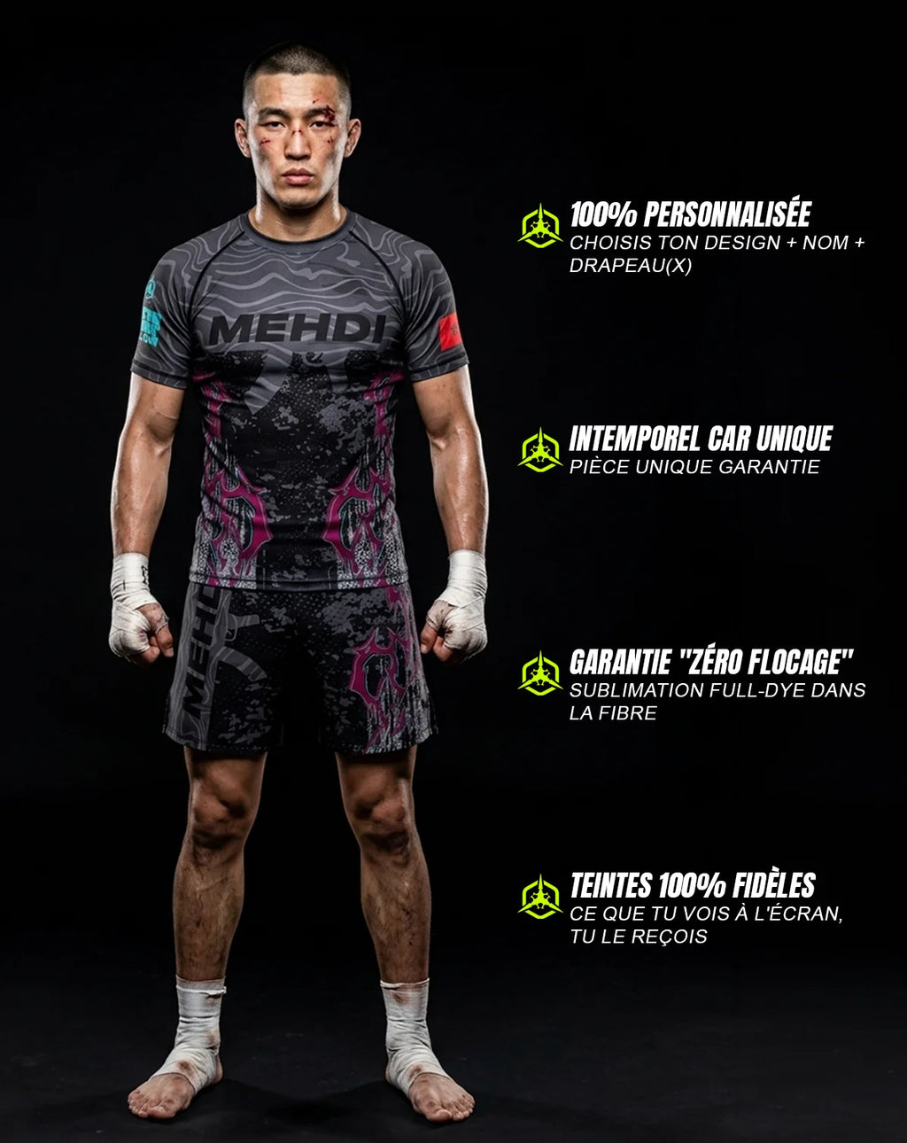 Ensemble MMA personnalisé rashguard et short — OCTOGOAT, ton prénom et ton drapeau intégrés au design