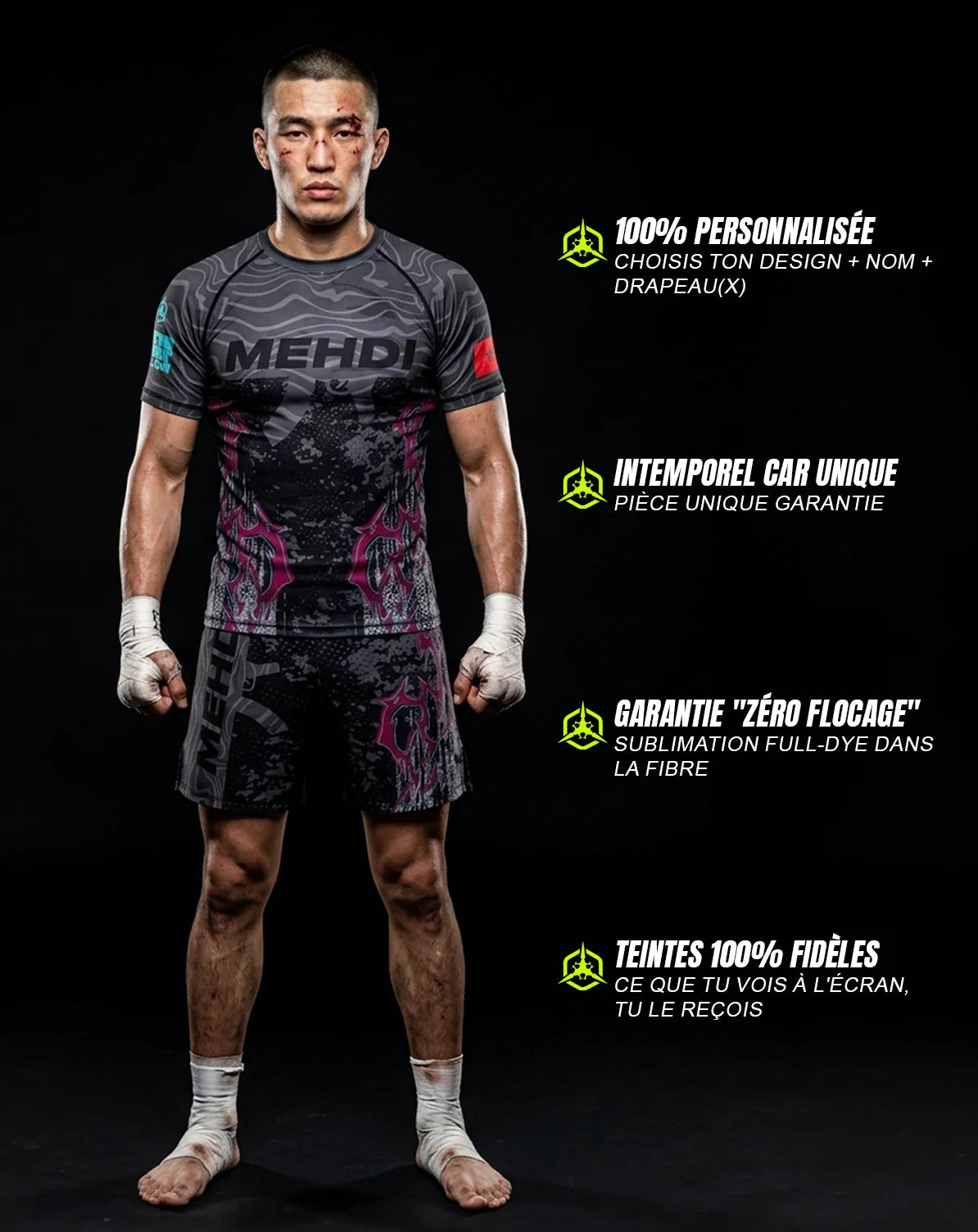 Ensemble MMA personnalisé rashguard et short — OCTOGOAT, ton prénom et ton drapeau intégrés au design