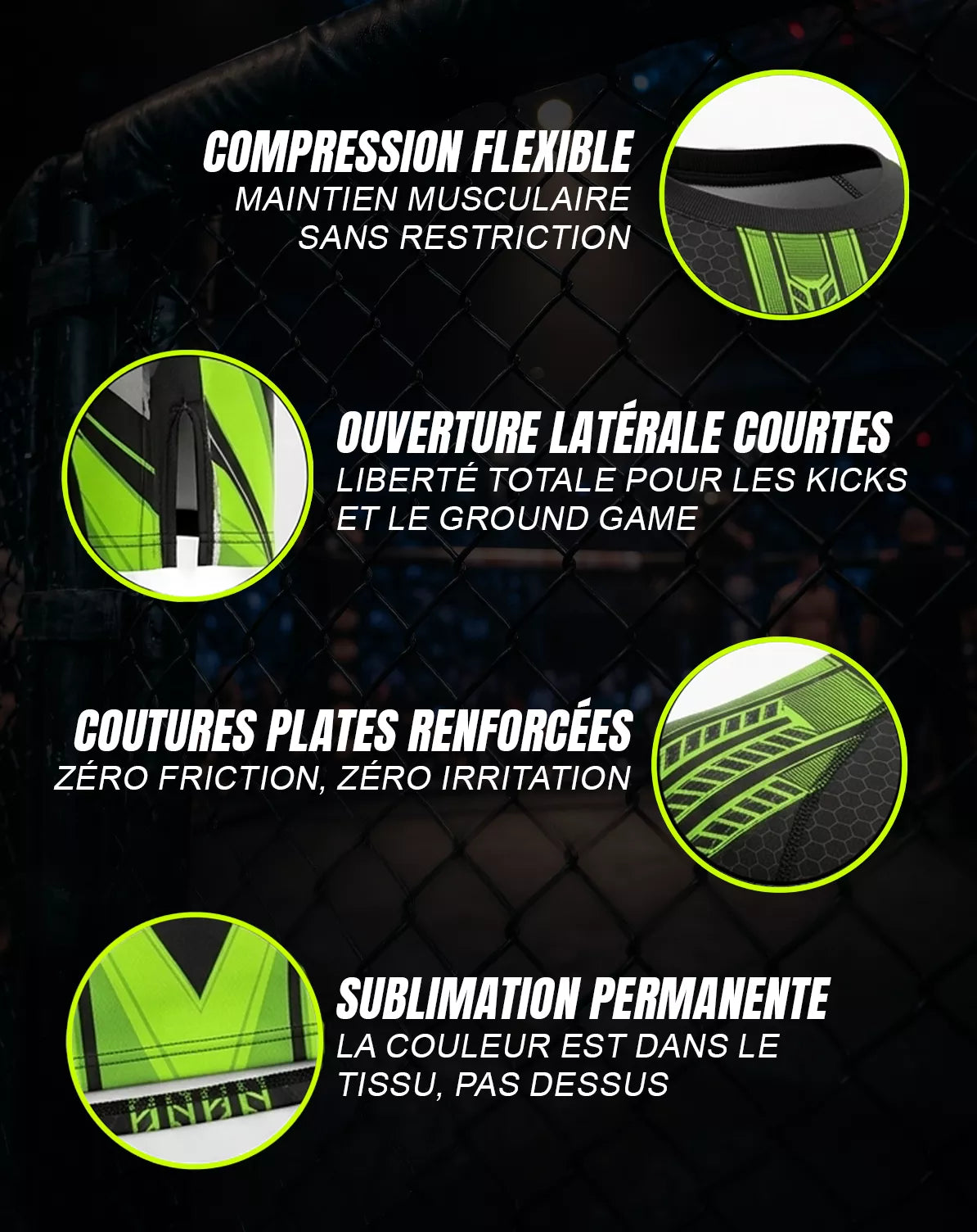 Caractéristiques techniques rashguard MMA OCTOGOAT — compression flexible, coutures plates renforcées, sublimation permanente, ouverture latérale courte pour kicks et ground game