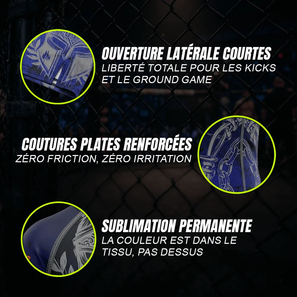 Détails de conception du short de MMA Spartiate bleu personnalisé d'Octogoat, avec zooms sur les coutures de sécurité anti-frottement et le tissu technique stretch sublimé.