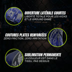 Détails de conception du short de MMA Spartiate bleu personnalisé d'Octogoat, avec zooms sur les coutures de sécurité anti-frottement et le tissu technique stretch sublimé.