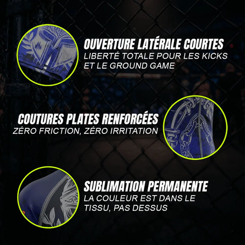 Détails de conception du short de MMA Spartiate bleu personnalisé d'Octogoat, avec zooms sur les coutures de sécurité anti-frottement et le tissu technique stretch sublimé.