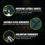Zoom sur les caractéristiques du short de MMA Wolf vert foncé d'Octogoat avec design de montagnes enneigées blanches, montrant les coutures plates renforcées et la coupe courte idéale pour la lutte.