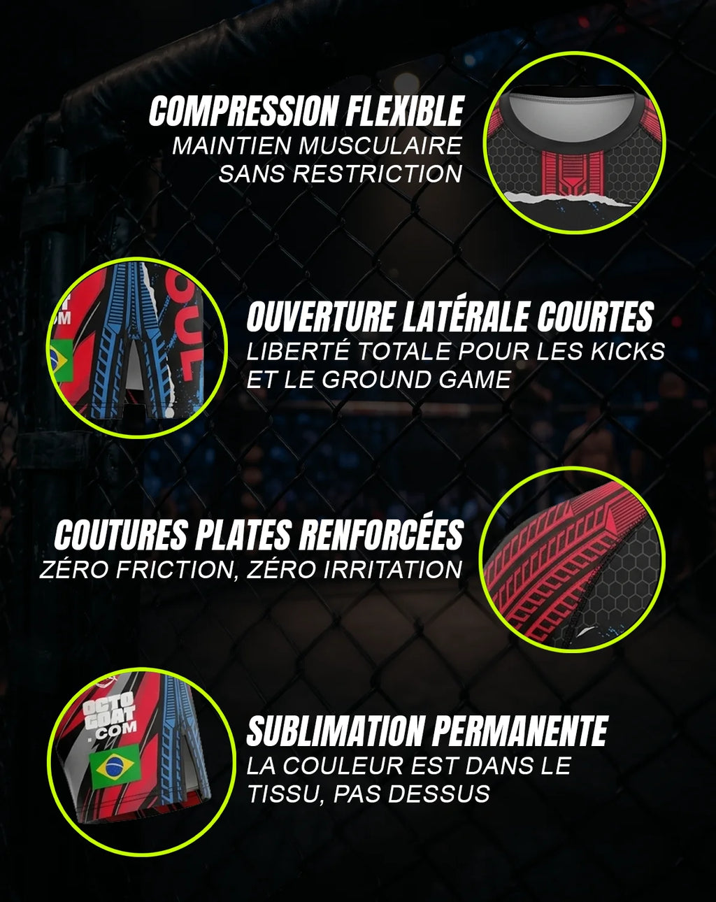 Short et rashguard grappling no-gi OCTOGOAT — ouverture latérale courte, compression légère, sublimation permanente résistante aux lavages, pièce unique personnalisée