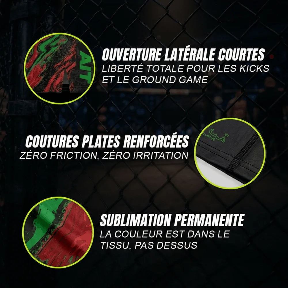 Gros plans du short de combat Maroc Mehdi Ait d'Octogoat, mettant en valeur la texture du tissu respirant vert et noir sublimé, la solidité des coutures et la coupe adaptée au Muay Thaï.