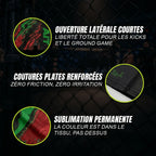 Gros plans du short de combat Maroc Mehdi Ait d'Octogoat, mettant en valeur la texture du tissu respirant vert et noir sublimé, la solidité des coutures et la coupe adaptée au Muay Thaï.