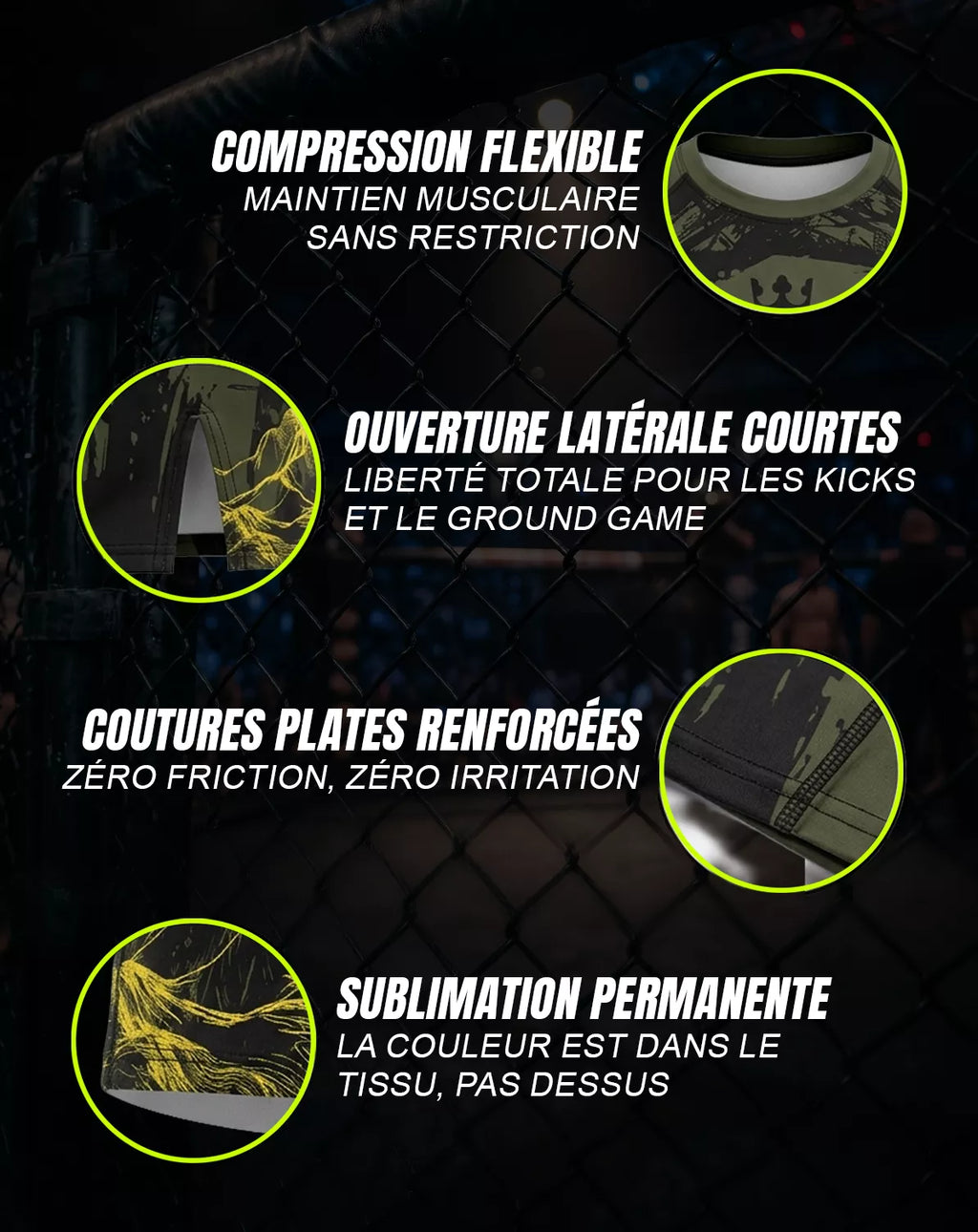 Caractéristiques techniques rashguard MMA OCTOGOAT — compression flexible, coutures plates renforcées, sublimation permanente, ouverture latérale courte pour kicks et ground game