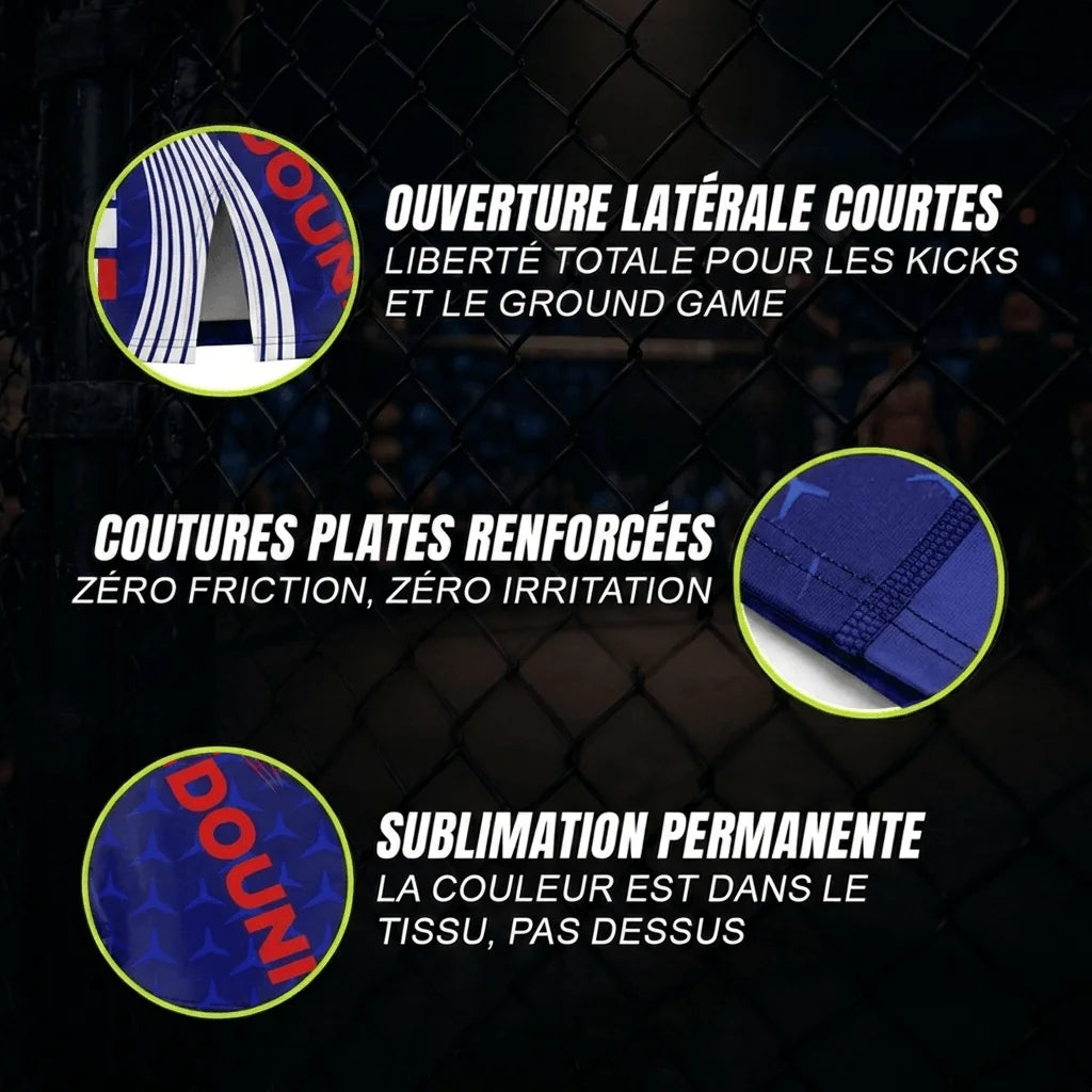 Détails de fabrication du short de grappling bleu d'Octogoat, illustrant les coutures de compression plates, la coupe courte fendue et l'impression par sublimation permanente dans la fibre.