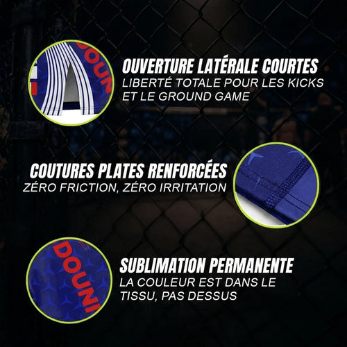 Détails de fabrication du short de grappling bleu d'Octogoat, illustrant les coutures de compression plates, la coupe courte fendue et l'impression par sublimation permanente dans la fibre.
