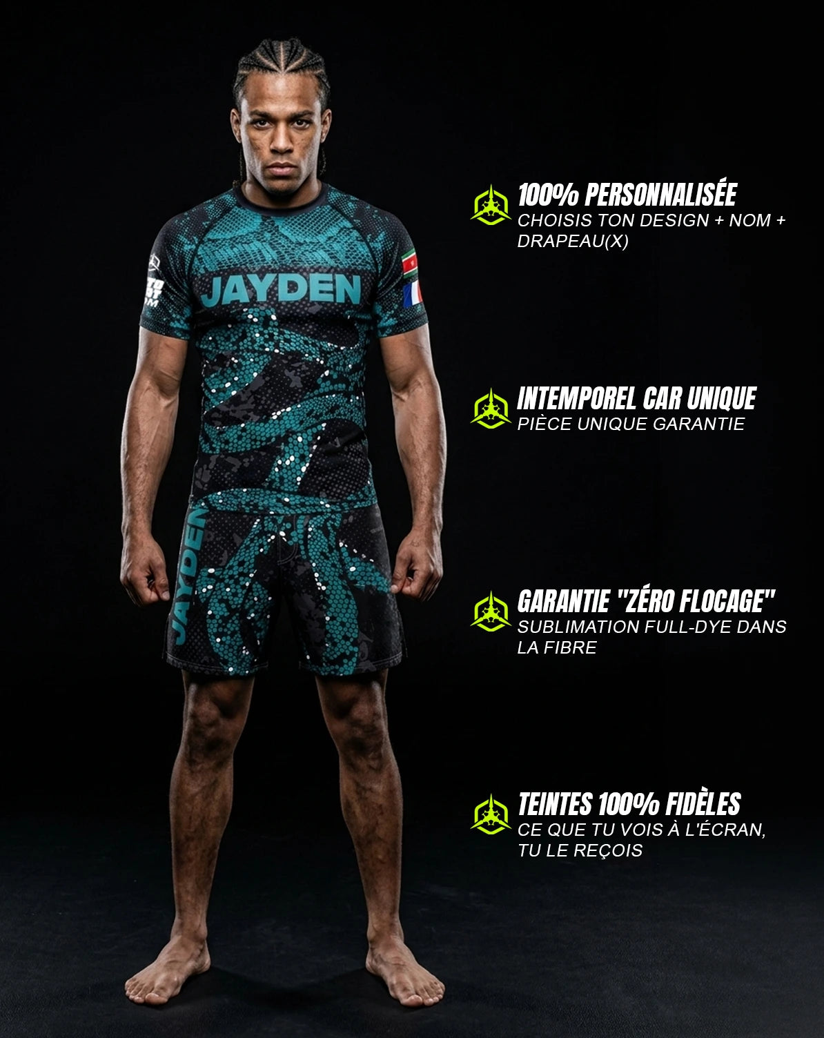 Ensemble MMA personnalisé rashguard et short — OCTOGOAT, ton prénom et ton drapeau intégrés au design