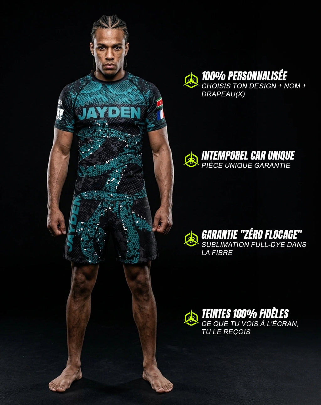 Ensemble MMA personnalisé rashguard et short — OCTOGOAT, ton prénom et ton drapeau intégrés au design