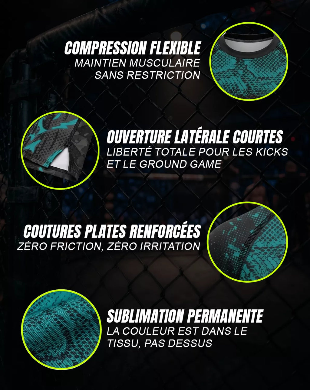 Caractéristiques techniques rashguard MMA OCTOGOAT — compression flexible, coutures plates renforcées, sublimation permanente, ouverture latérale courte pour kicks et ground game