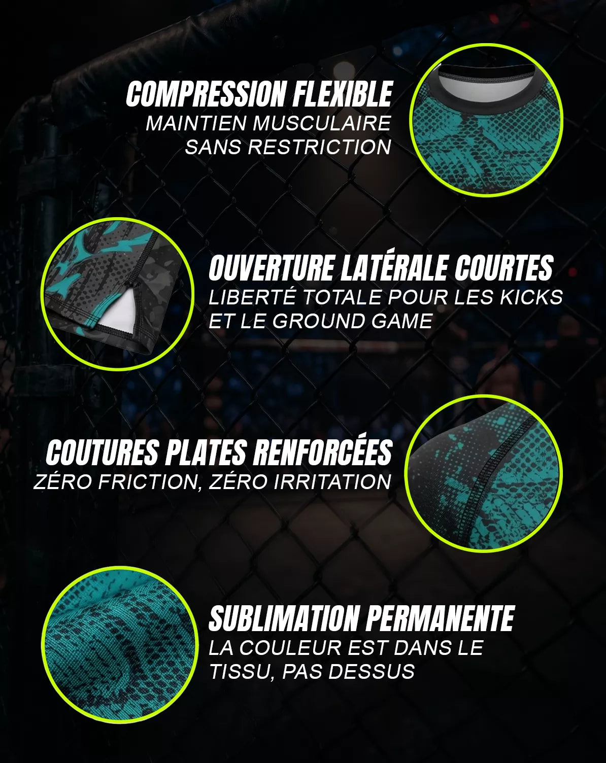 Caractéristiques techniques rashguard MMA OCTOGOAT — compression flexible, coutures plates renforcées, sublimation permanente, ouverture latérale courte pour kicks et ground game