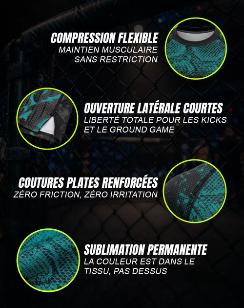 Caractéristiques techniques rashguard MMA OCTOGOAT — compression flexible, coutures plates renforcées, sublimation permanente, ouverture latérale courte pour kicks et ground game
