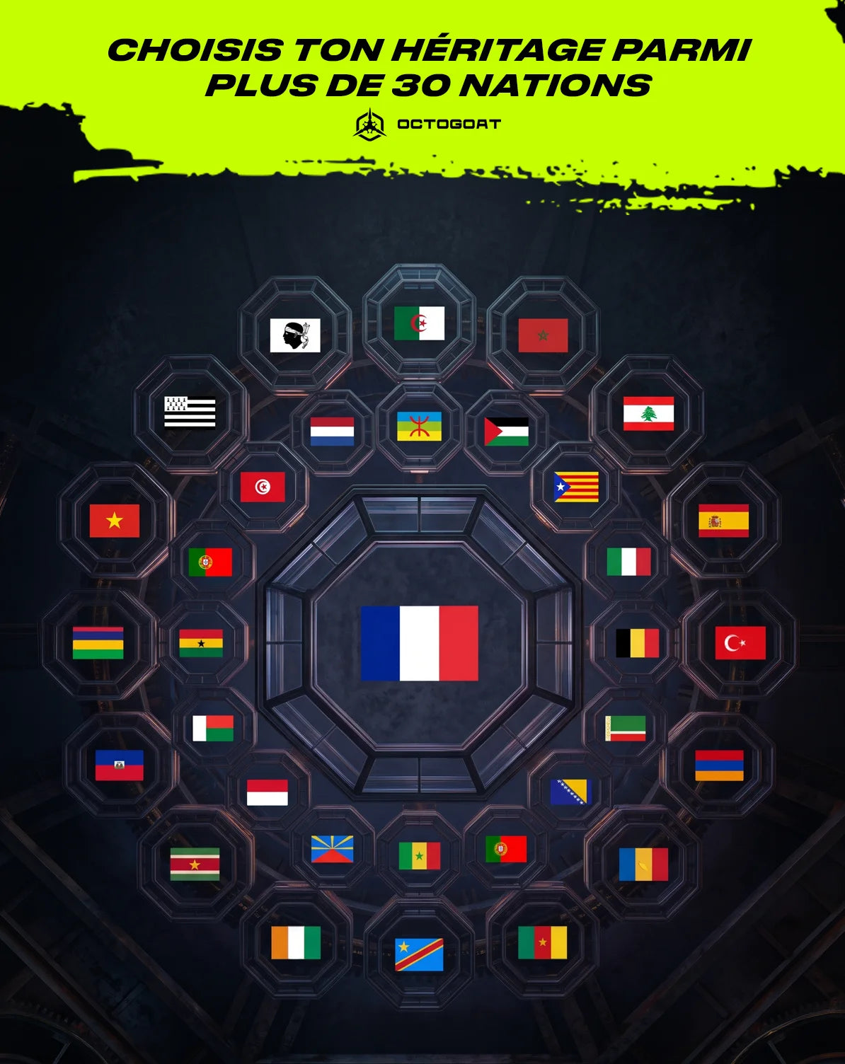 Choisis ton héritage parmi plus de 30 nations — rashguard et short MMA personnalisés avec le drapeau de ton pays, OCTOGOAT pièce unique