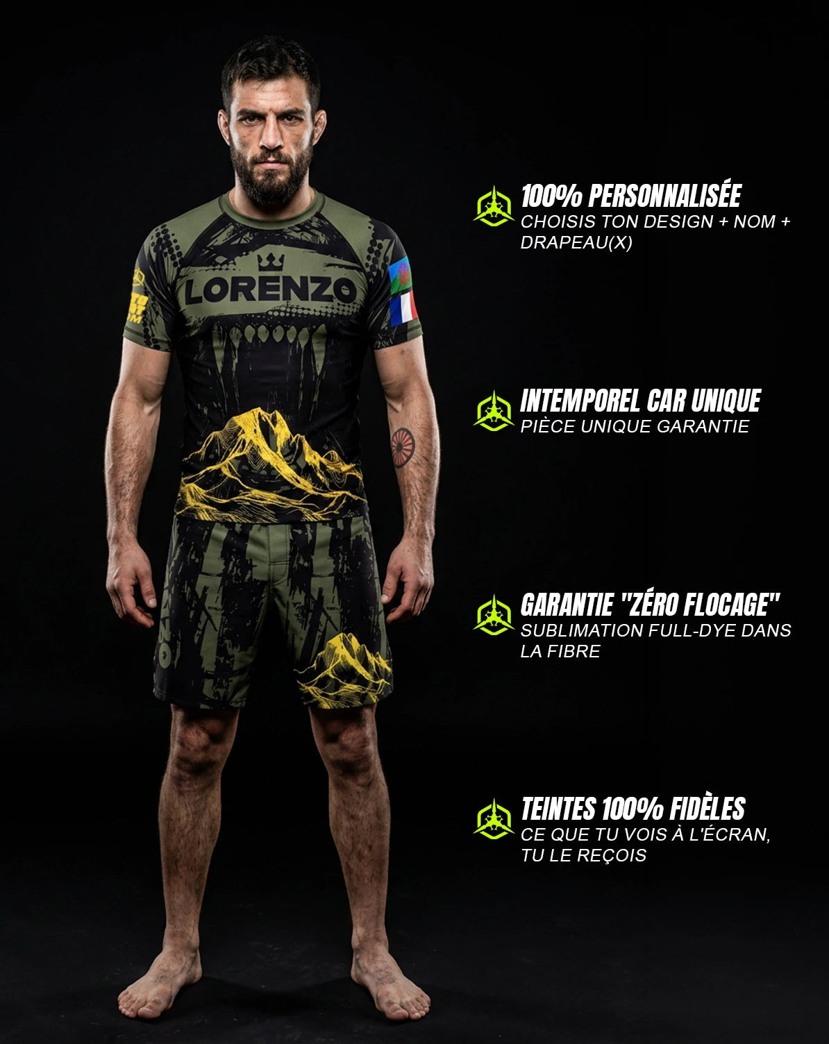 Fighter portant un ensemble MMA personnalisé OCTOGOAT — rashguard sublimation unique avec drapeau