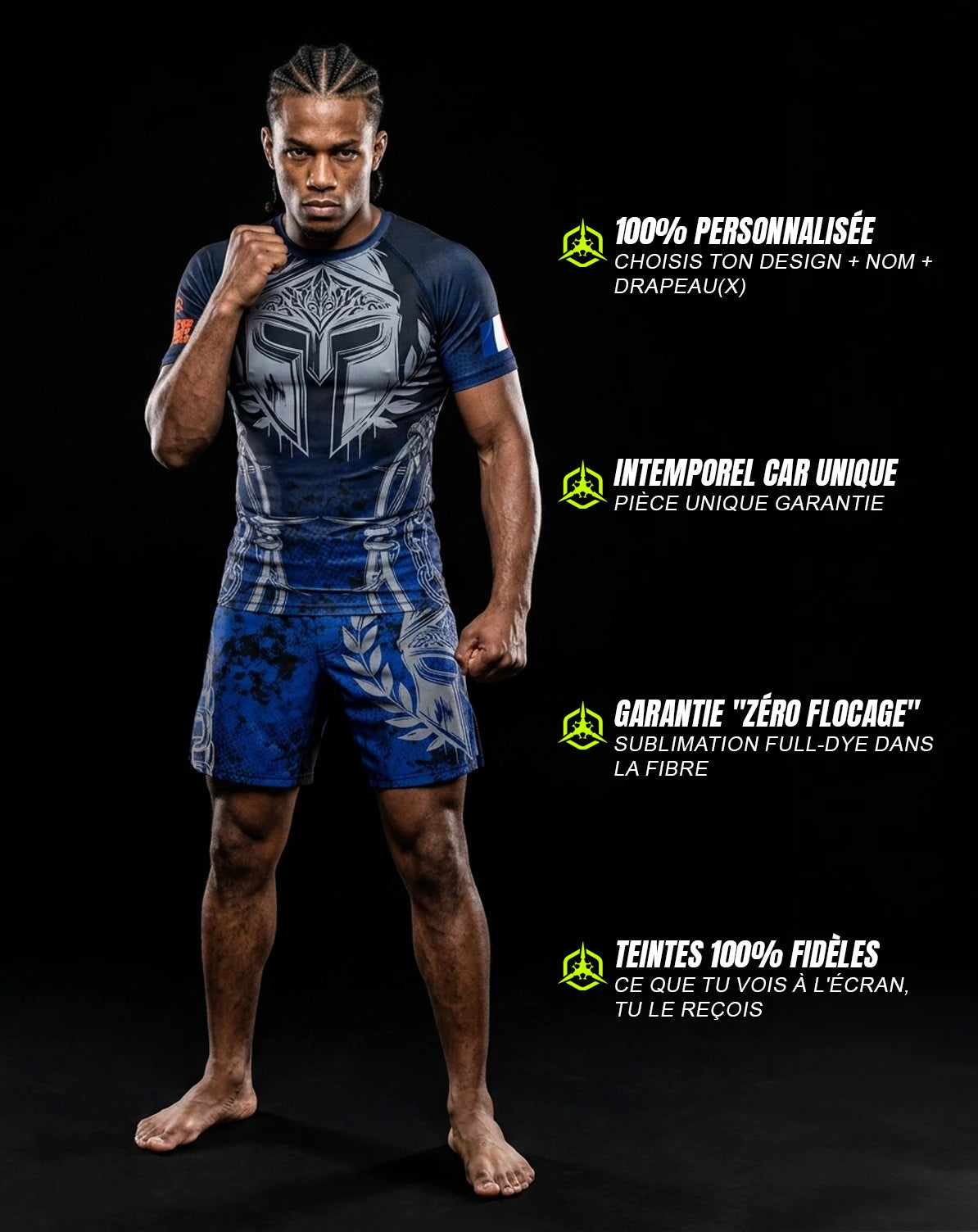 Combattant MMA portant un ensemble MMA personnalisé OCTOGOAT — rashguard sublimation unique avec drapeau