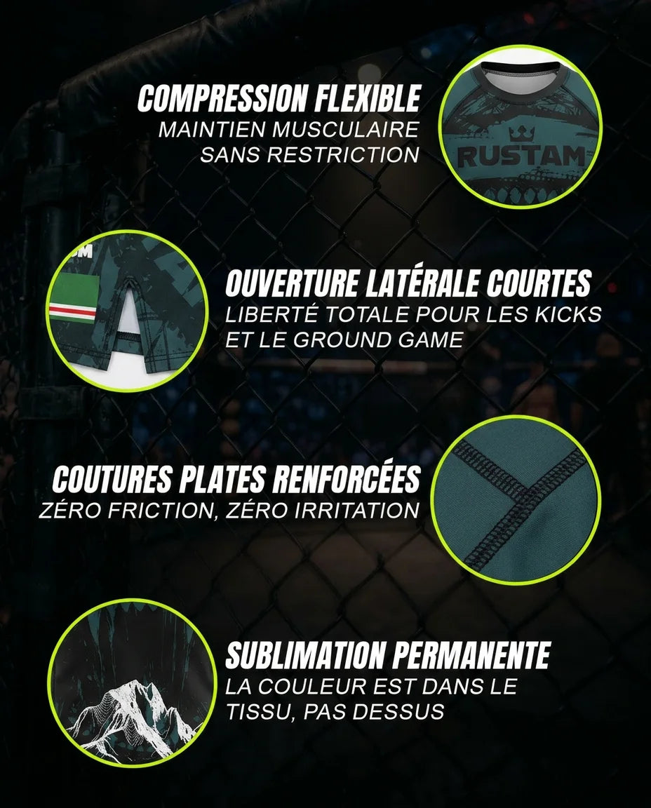 Short et rashguard grappling no-gi OCTOGOAT — ouverture latérale courte, compression légère, sublimation permanente résistante aux lavages, zéro flocage