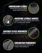 Caractéristiques techniques rashguard MMA OCTOGOAT — compression flexible, coutures plates renforcées, sublimation permanente, ouverture latérale courte pour kicks et ground game