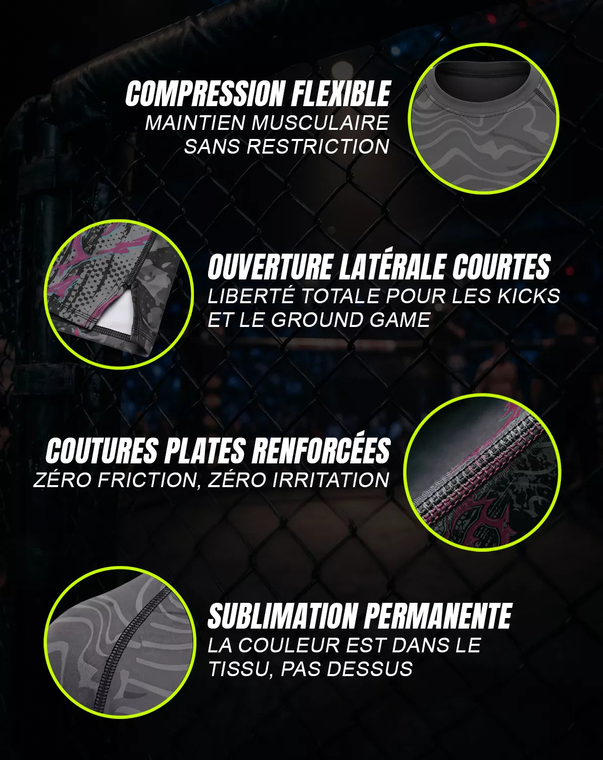 Caractéristiques techniques rashguard MMA OCTOGOAT — compression flexible, coutures plates renforcées, sublimation permanente, ouverture latérale courte pour kicks et ground game