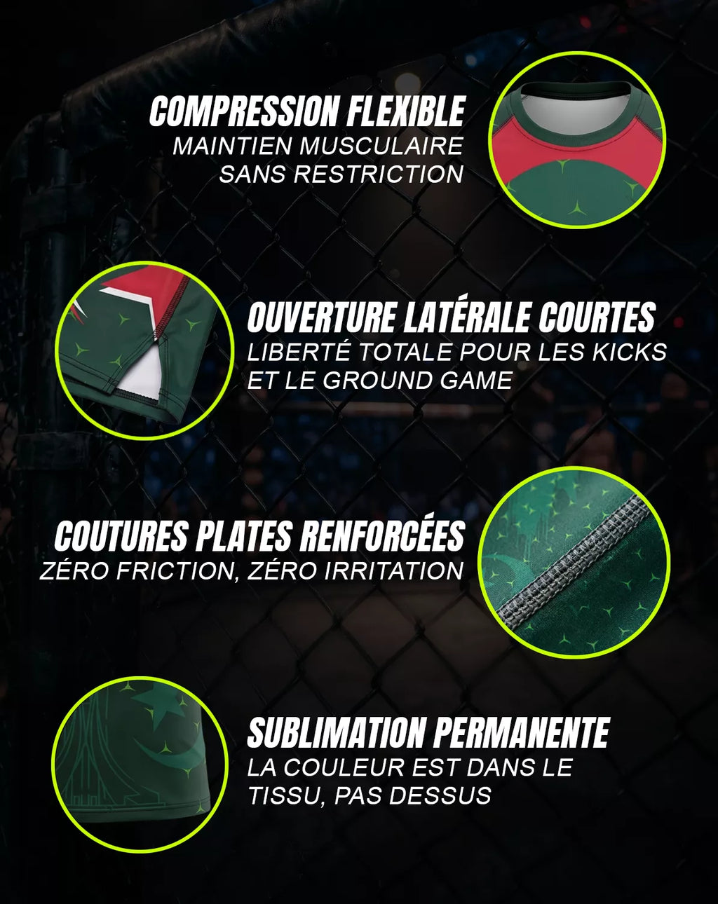Caractéristiques techniques rashguard MMA OCTOGOAT — compression flexible, coutures plates renforcées, sublimation permanente, ouverture latérale courte pour kicks et ground game